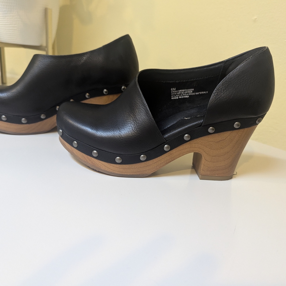 Kork-Ease Black Leather Mules with Wooden Heel